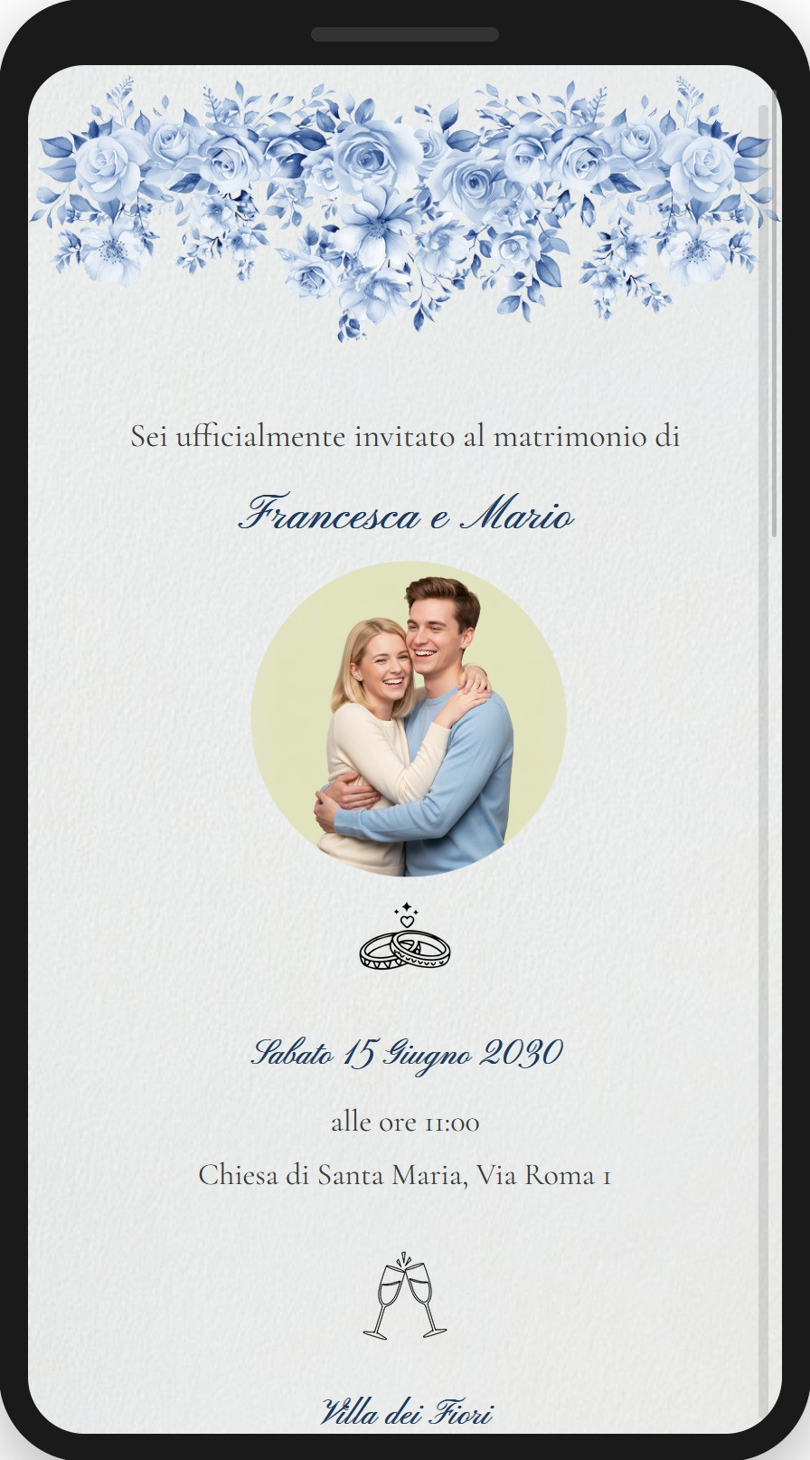 preview-02-fiori-blu-foto Preview partecipazione di matrimonio digitale fai da te, template fiori blu