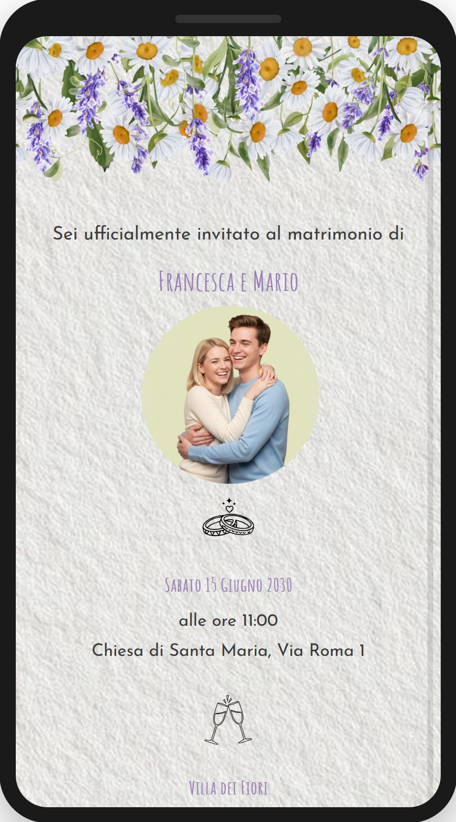 preview-08-margherite-lavanda-foto Preview partecipazione di matrimonio digitale fai da te, template margherite e lavanda