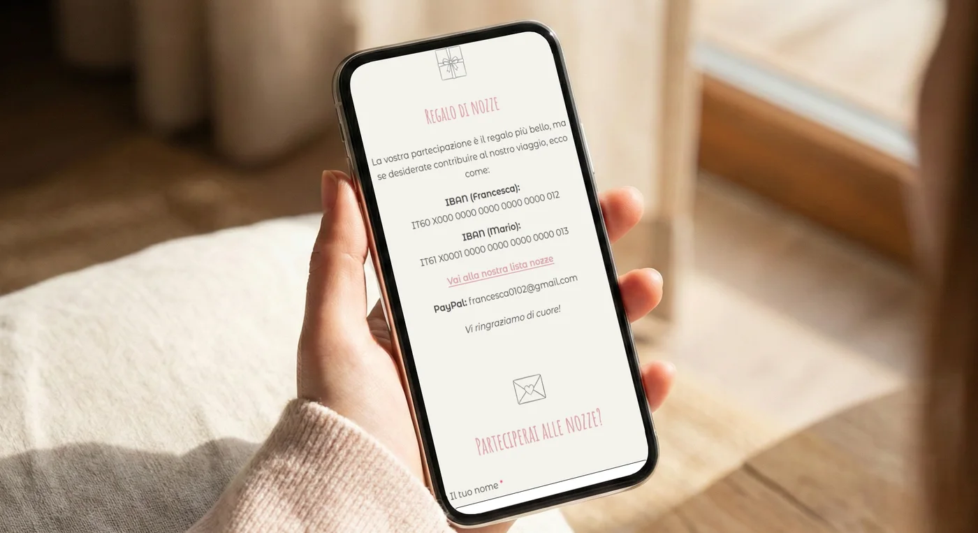 donna tiene in mano e guarda smartphone con pagina IBAN su partecipazione dimmisecisarai