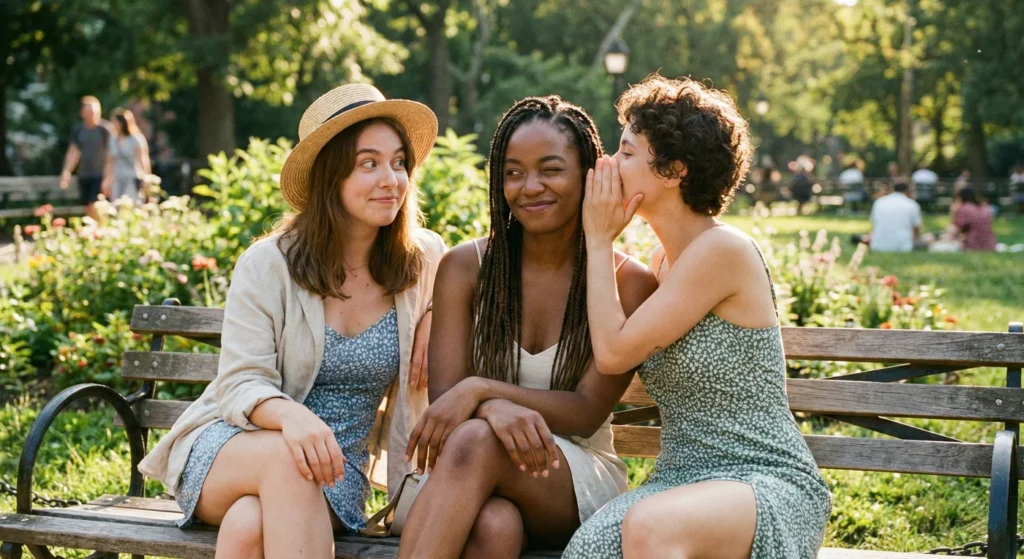 tre ragazze su una panchina al parco, sorridono e si scambiano confidenze all'orecchio