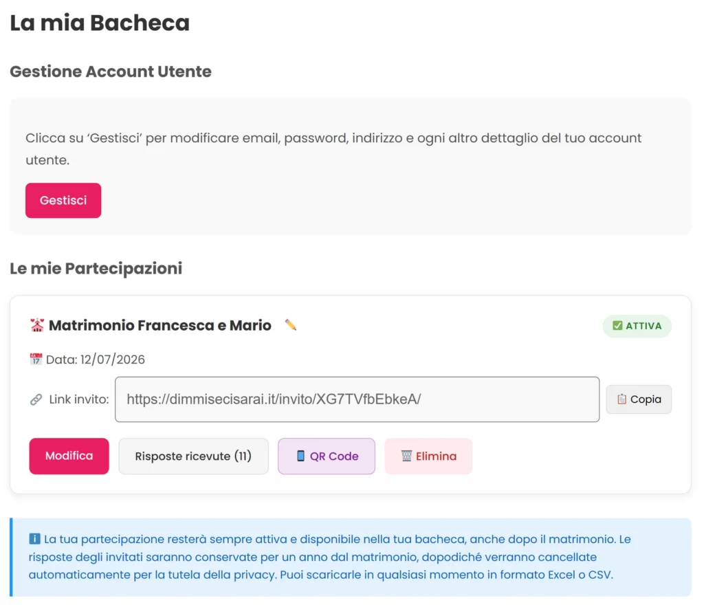 Dashboard personale con link partecipazione e generazione QR code PNG SVG