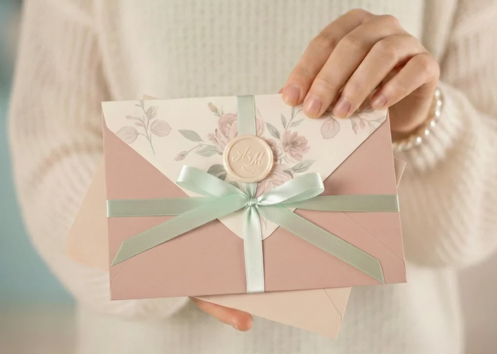 Donna prende busta partecipazioni matrimonio rosa con fiocco verde smeraldo