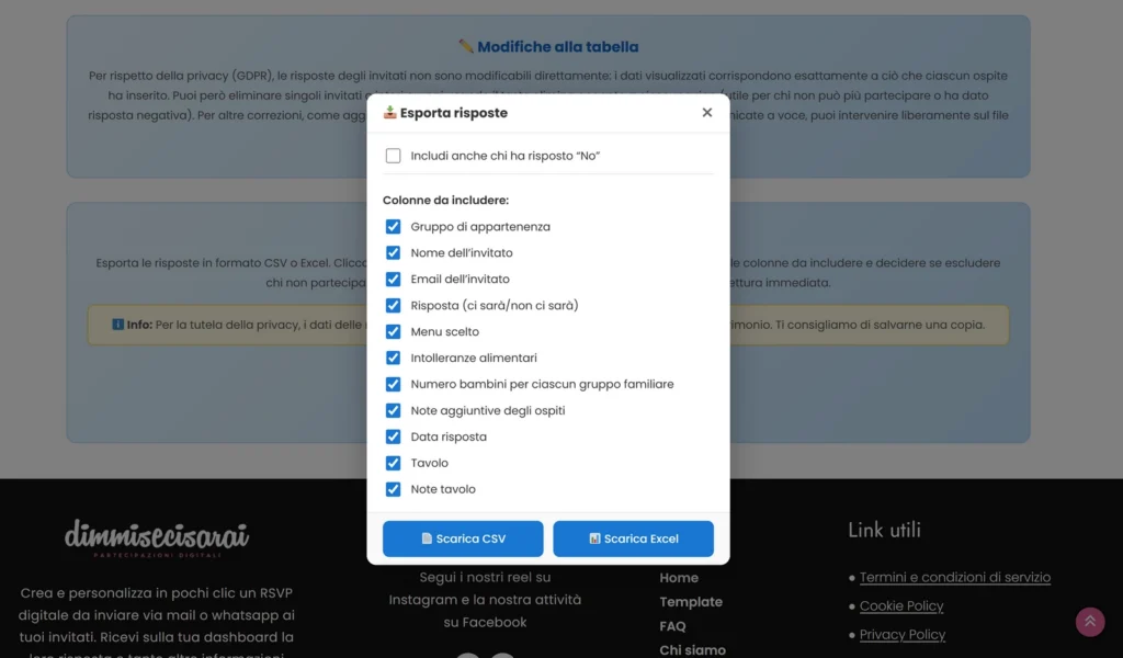 Export risposte Excel CSV con filtri personalizzabili e selezione colonne