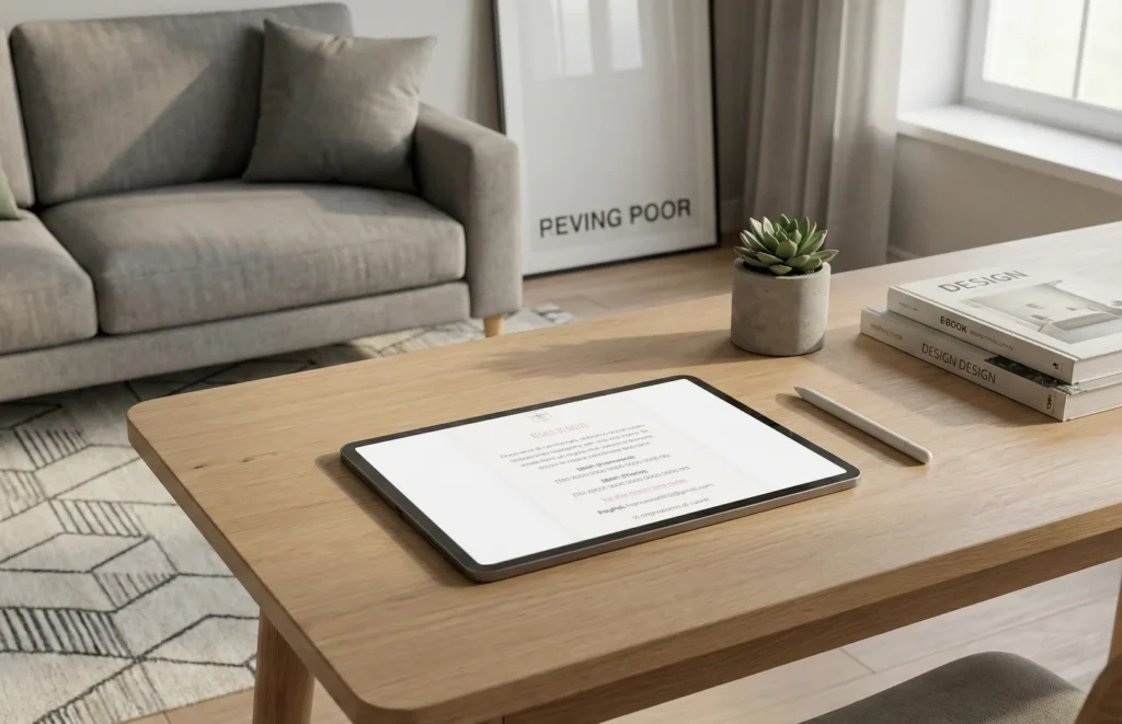 Un tablet su un tavolo di un salotto moderno di una coppia emancipata ed informale