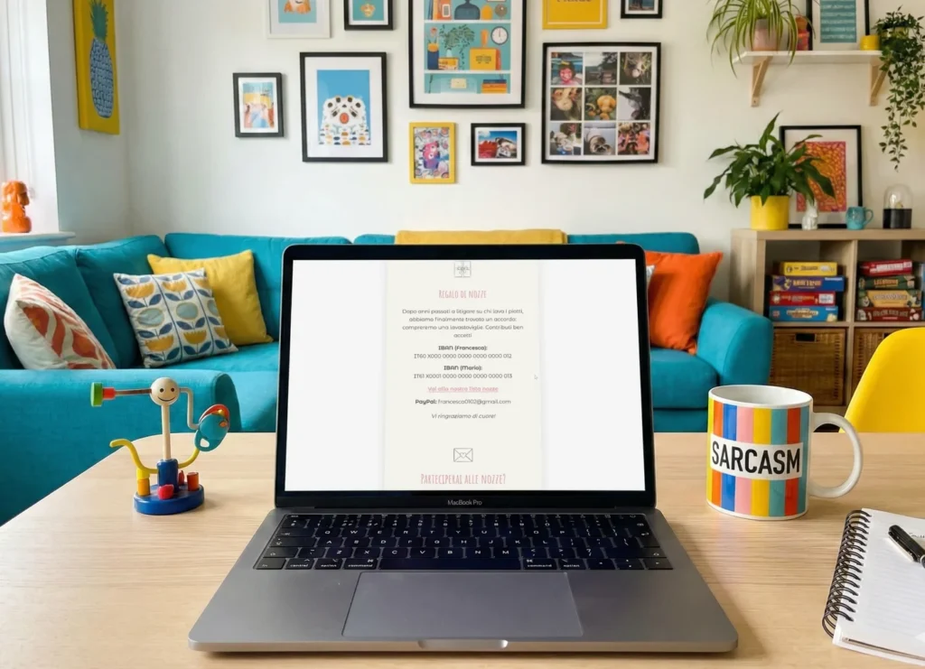 Laptop su un tavolo in una camera colorata e spiritosa di una giovane coppia divertente