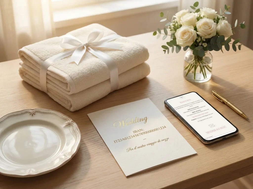 Partecipazione cartacea e digitale affiancati su una scrivania, accanto a fiori, piatto, penna e asciugamani in fiocco