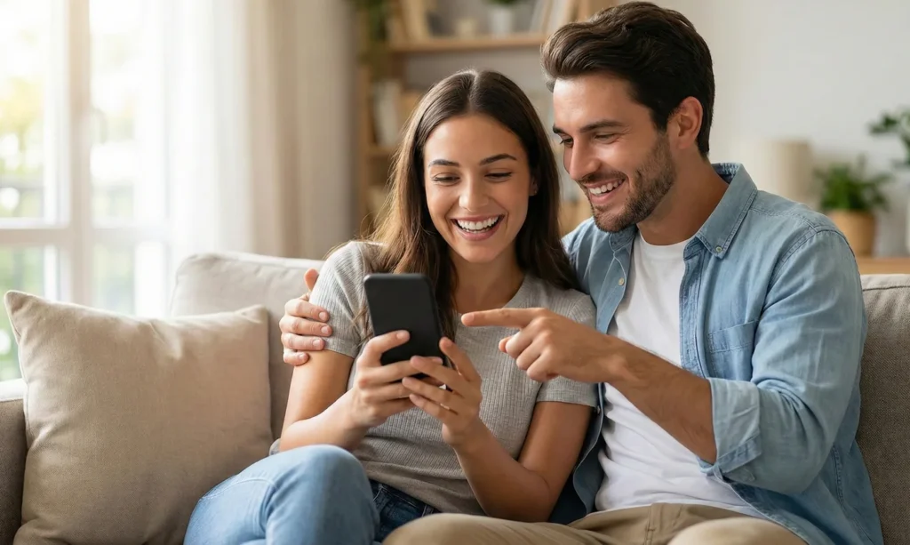 Giovane coppia sul divano guarda sorridente uno smartphone