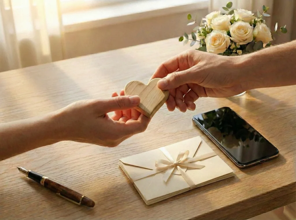 le mani di due futuri sposi si scambiano un piccolo manufatto in legno che rappresenta un cuore