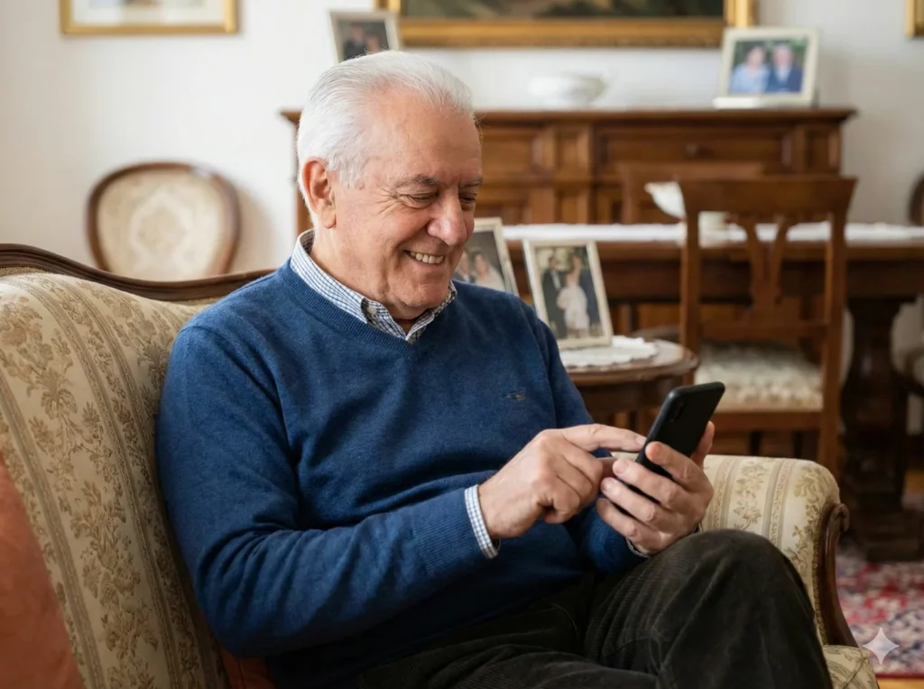nonno comodamente in poltrona manda sorridente bonifico alla nipote che si sposa 