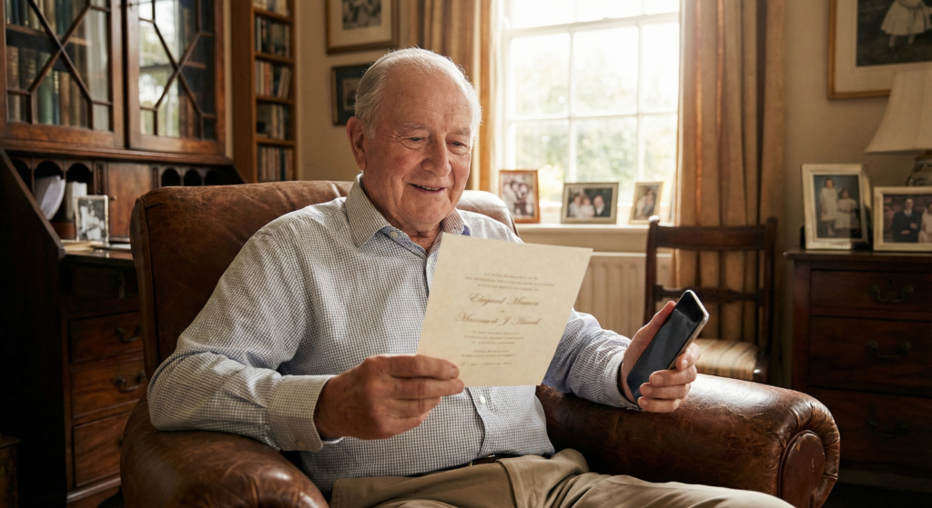 Il nonno, seduto sul divano del soggiorno, guarda compiaciuto la partecipazione della nipote, ma tiene lo smaartphone nell'altra mano
