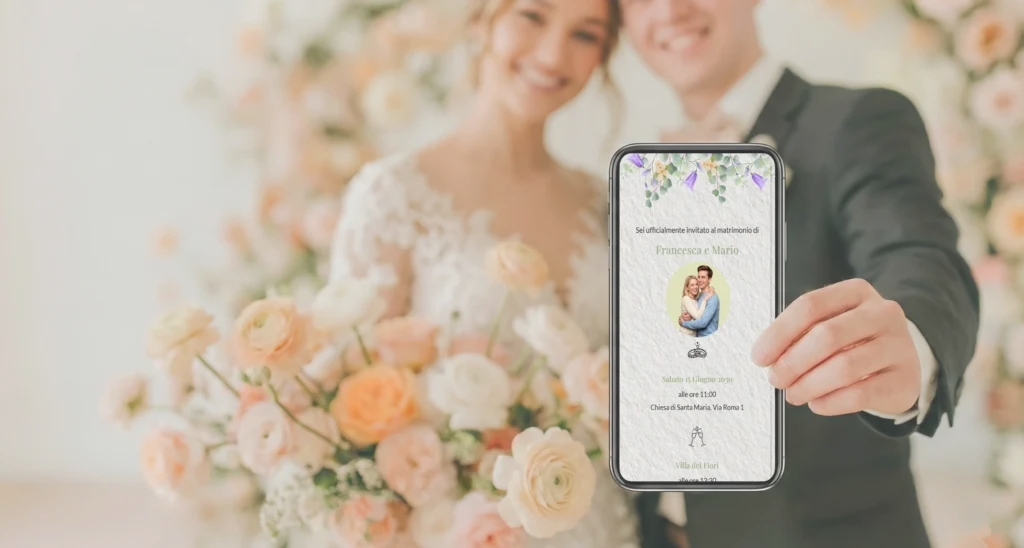 Coppia di sposi con smartphone - Partecipazioni matrimonio digitali Dimmisecisarai