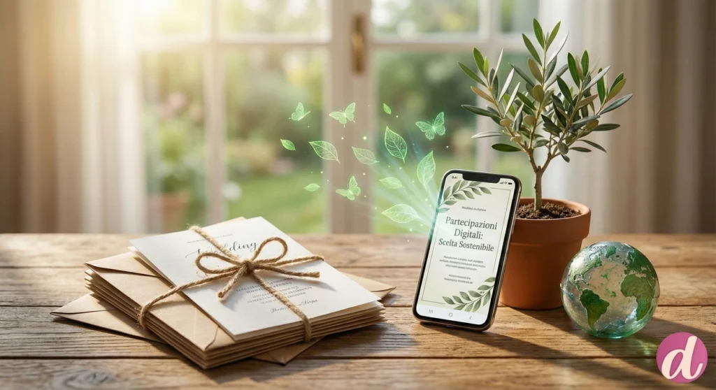 Smartphone con partecipazioni digitali su un tavolo accanto a partecipazioni cartacee - scelta ecosostenibile dimmisecisarai.it