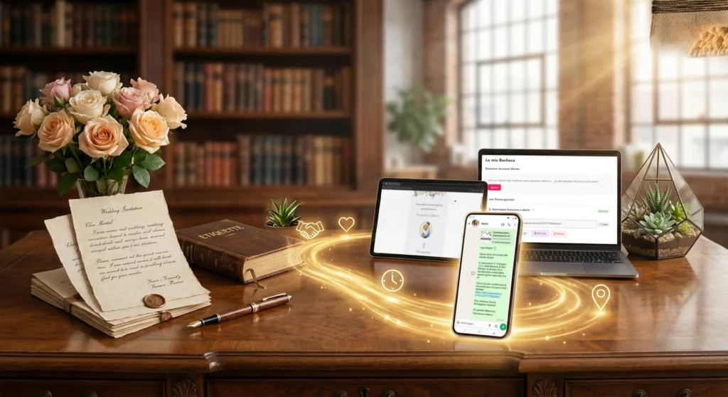 Partecipazioni digitali dimmisecisarai su smartphone, laptop e tablet su scrivania legno con fiori e buste