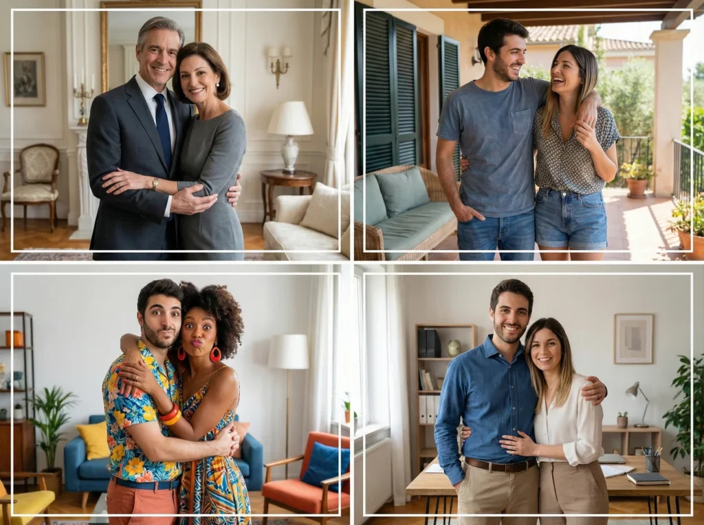 Quattro coppie di sposi dallo stile diverso, in una composizione a quattro riquadri