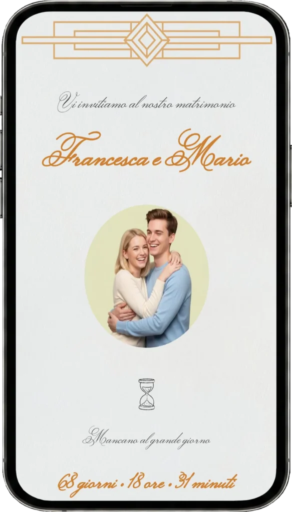 Preview partecipazione di matrimonio digitale fai da te, template Art Deco Oro