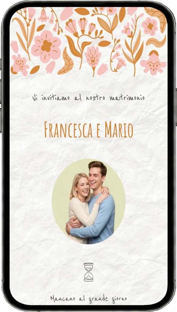 Preview partecipazione di matrimonio digitale fai da te, template Fresie Anni '60
