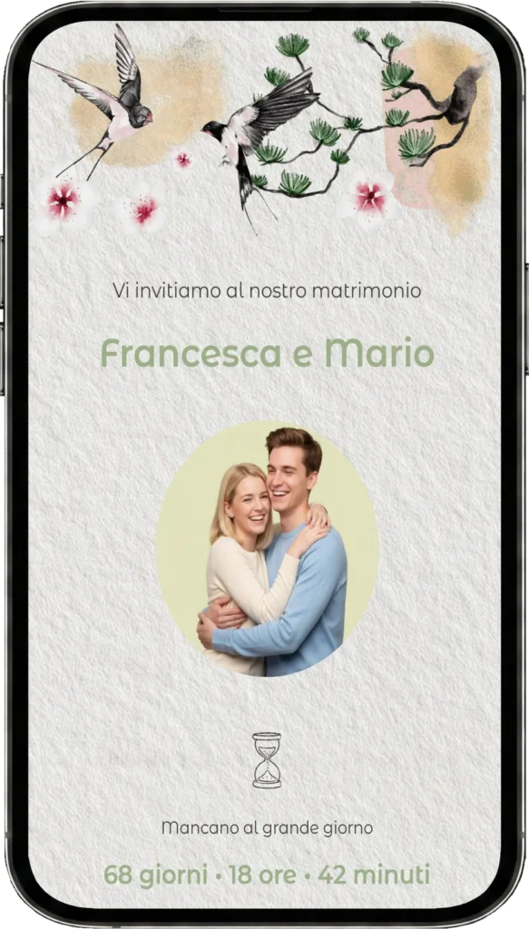 Preview partecipazione di matrimonio digitale fai da te, template Japan Art Rondini