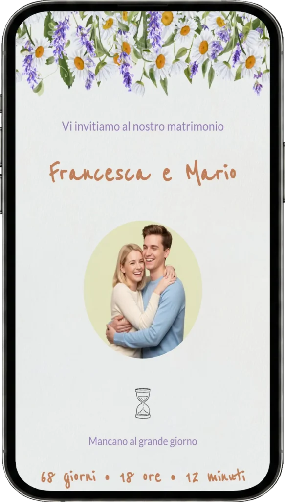 Preview partecipazione di matrimonio digitale fai da te, template Margherite e Lavanda