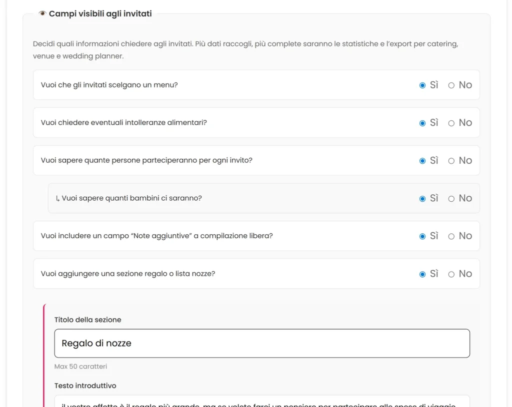 Configurazione modulo RSVP - scelta campi menu, intolleranze, numero persone