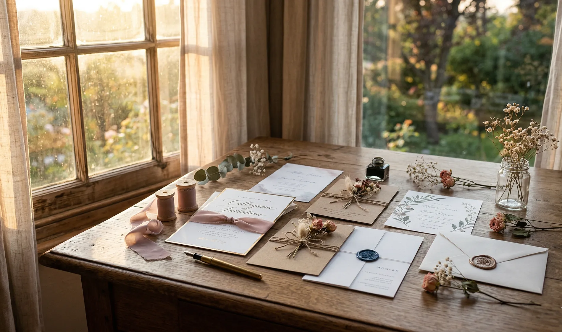 partecipazioni di matrimonio su un tavolo di una villetta. Luce estiva da ampie finestre.