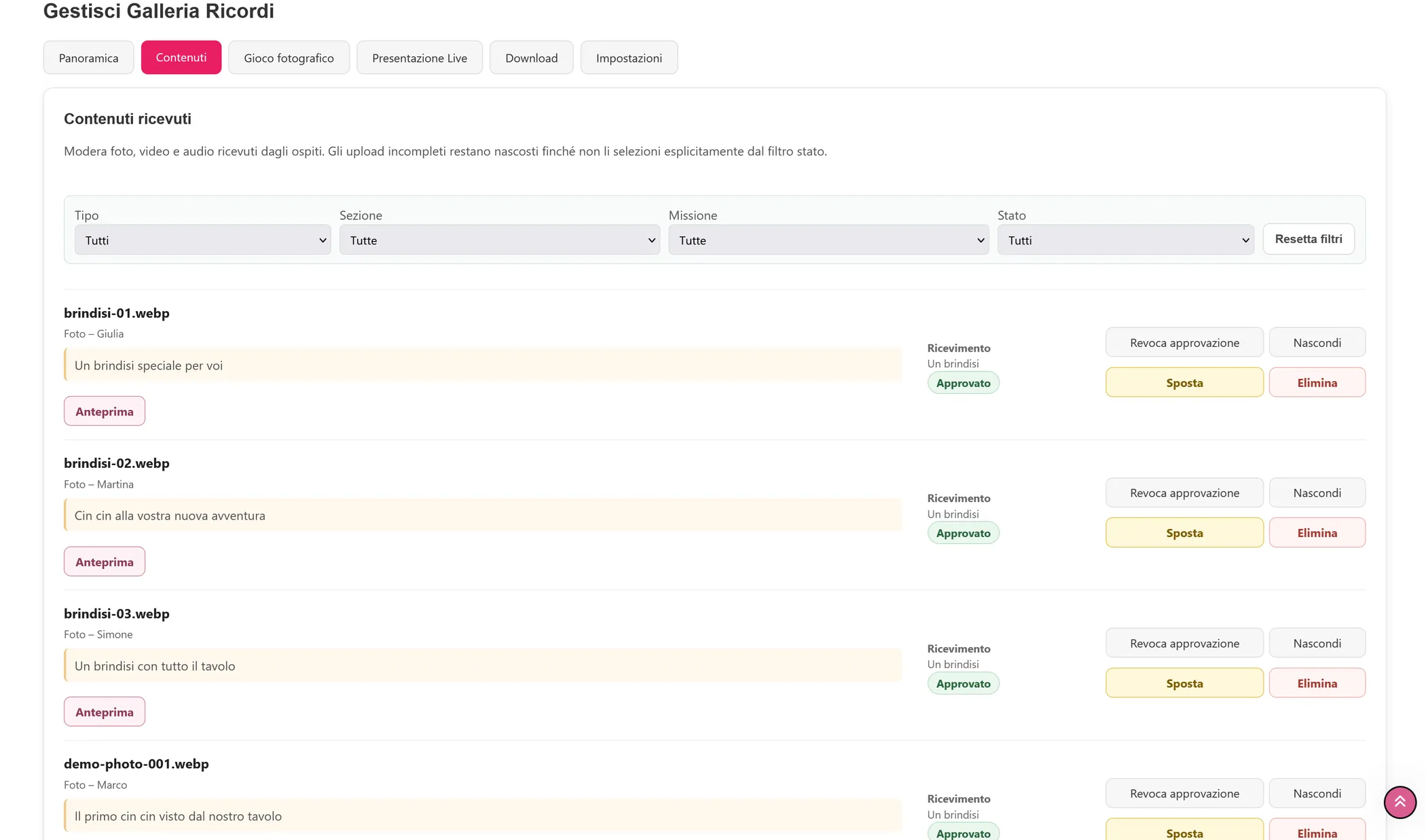 Gestione Galleria Ricordi aperta sulla tab Contenuti