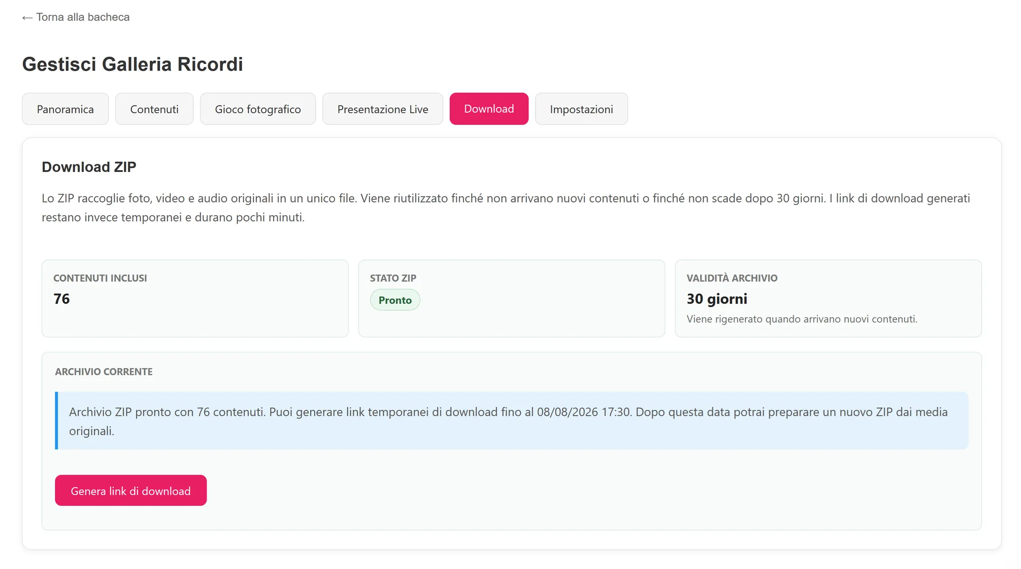 Gestione Galleria Ricordi aperta sulla tab Download