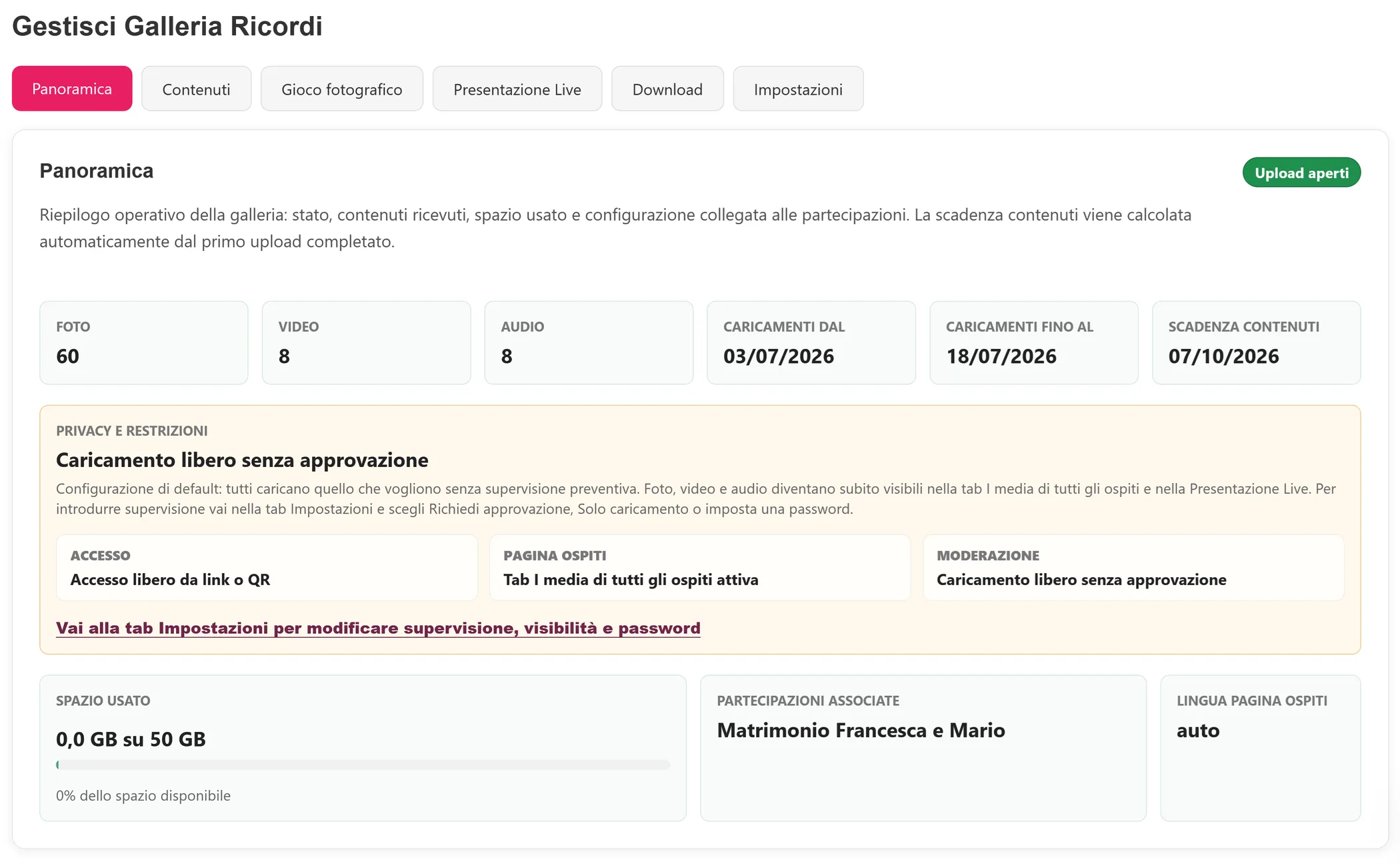 Gestione Galleria Ricordi aperta sulla tab Panoramica