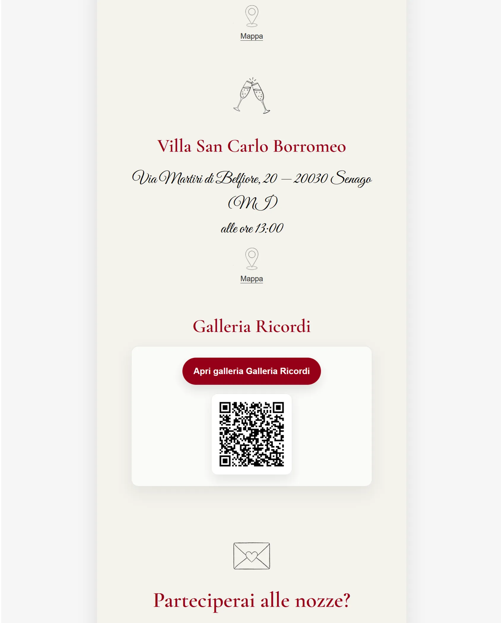 Landing invitato con RSVP e richiamo alla Galleria Ricordi