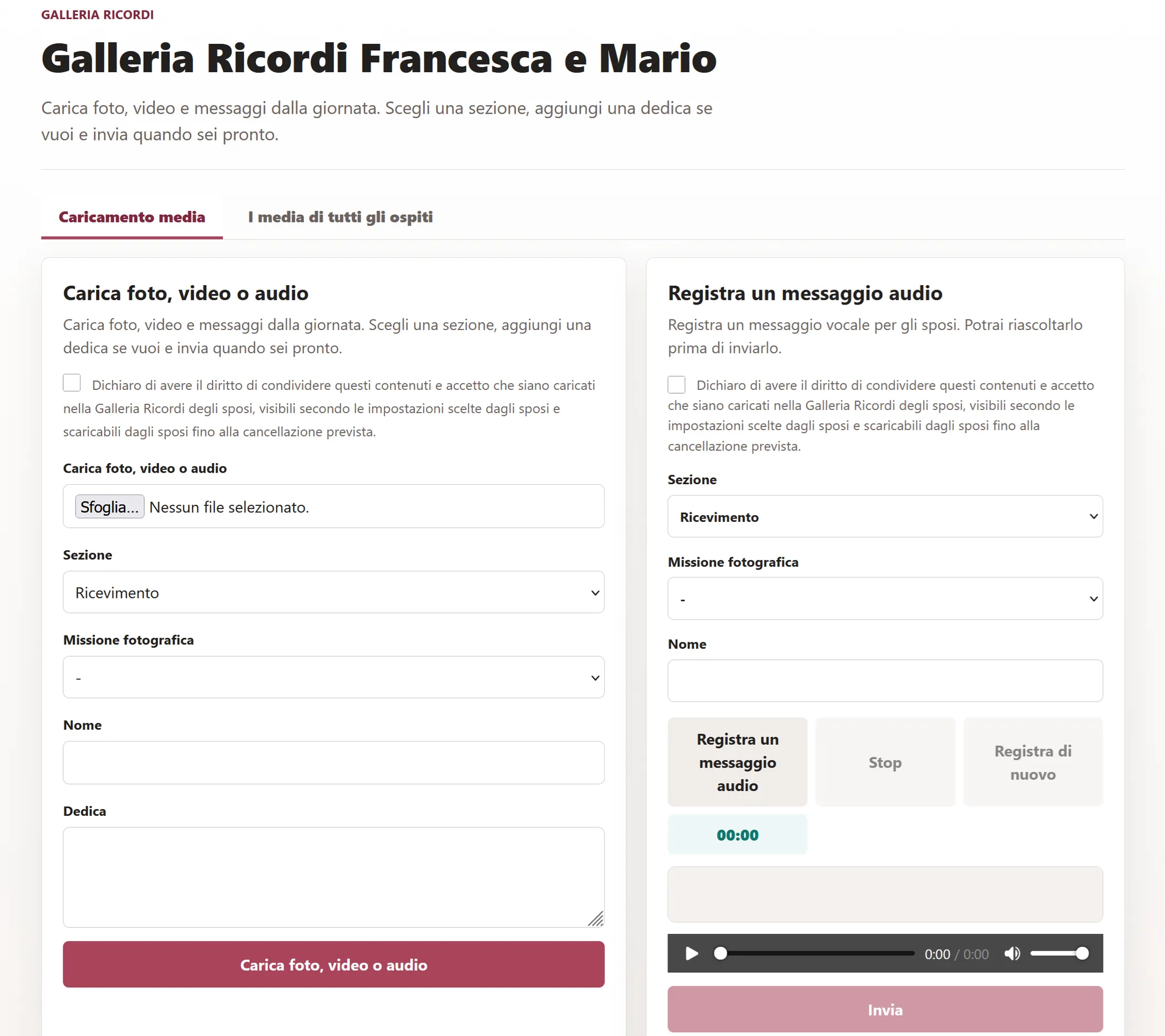Pagina ospiti da smartphone con caricamento foto video e messaggio audio