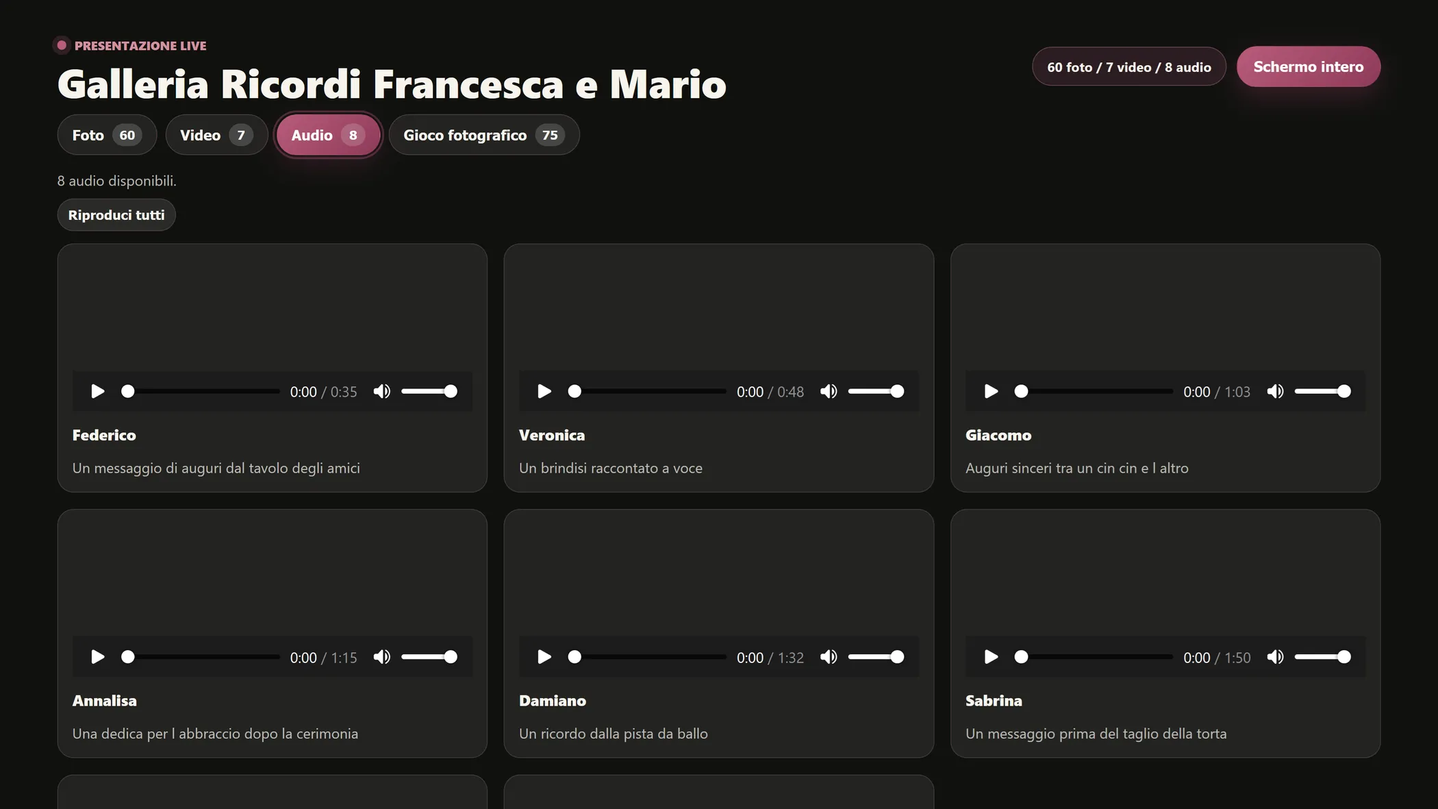 Presentazione Live Galleria Ricordi aperta sulla tab Audio