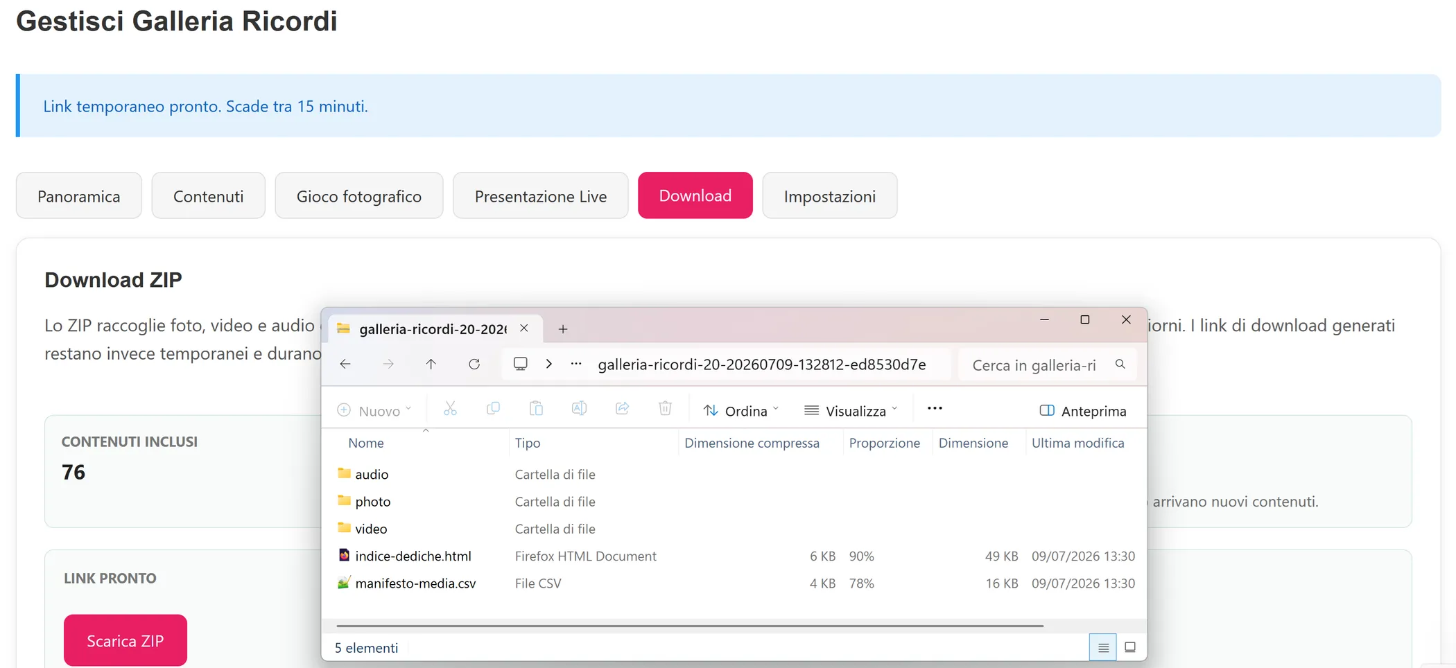 ZIP Galleria Ricordi aperto con file originali manifesto CSV schede TXT e indice dediche