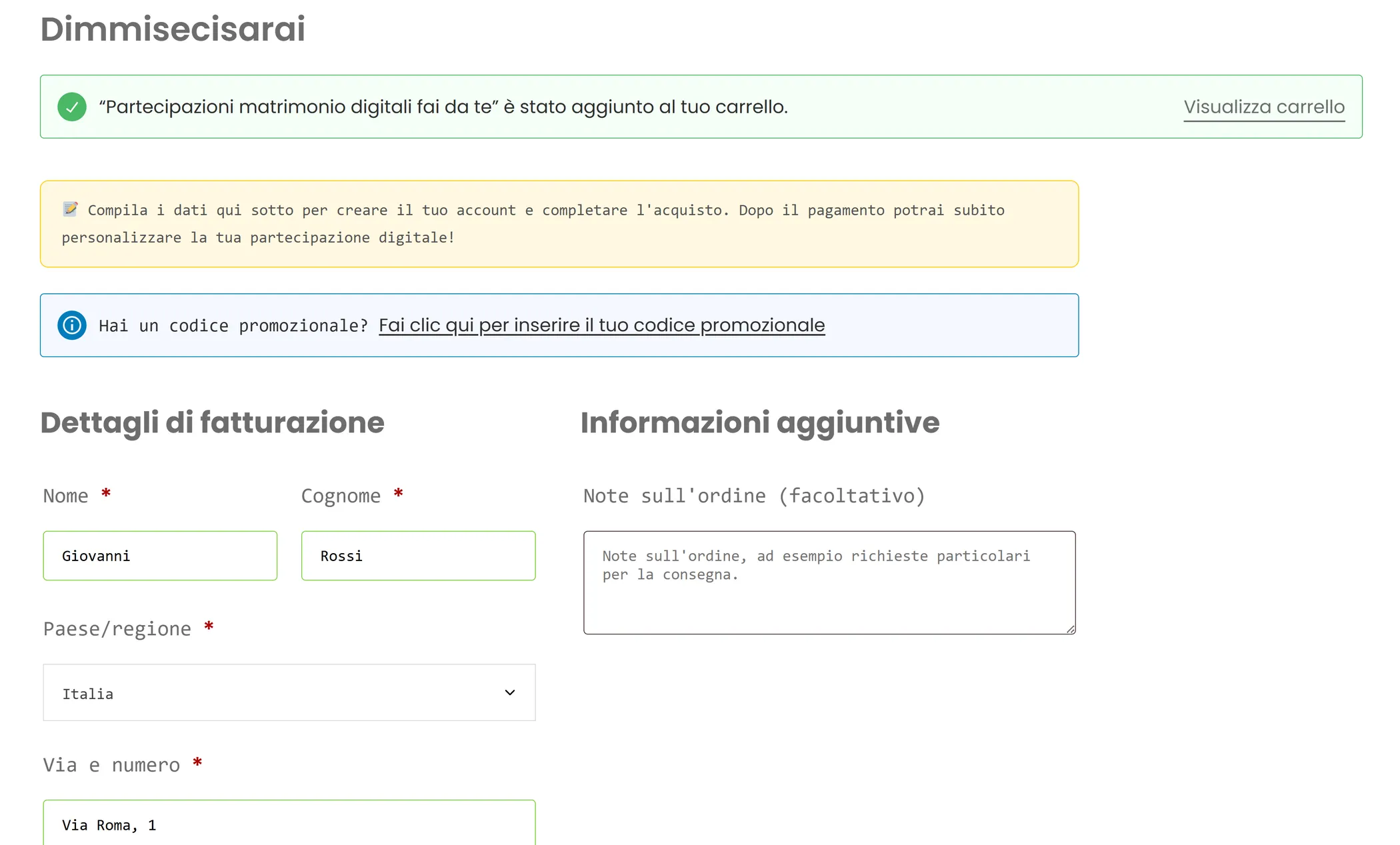 Checkout Dimmisecisarai per acquistare una partecipazione matrimonio digitale con PayPal