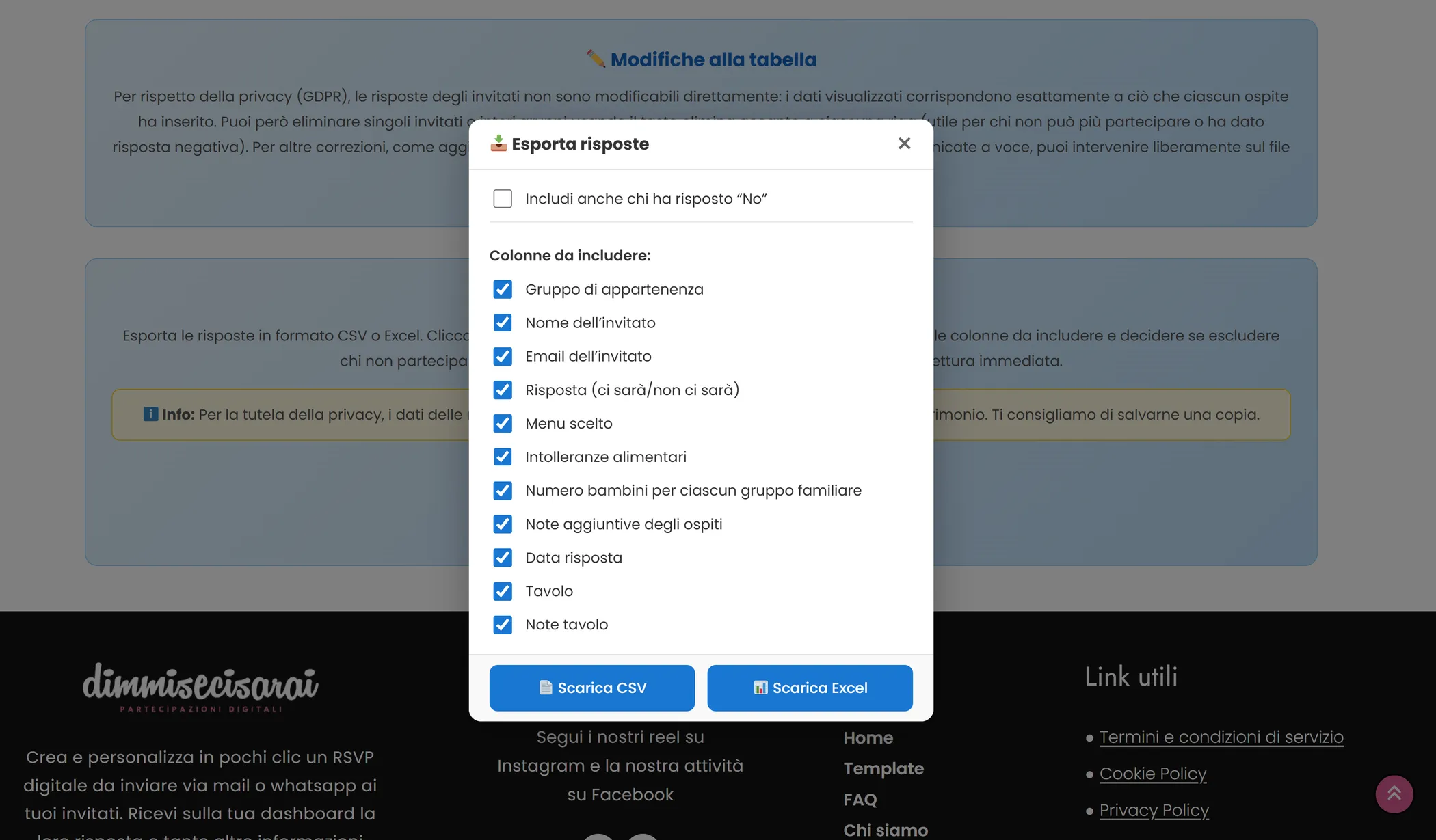 Export risposte RSVP in Excel e CSV con filtri personalizzabili