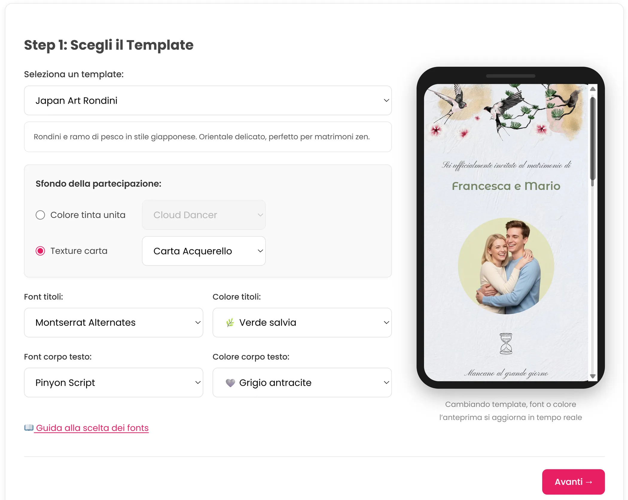 Template grafici del wizard Dimmisecisarai per partecipazioni matrimonio digitali