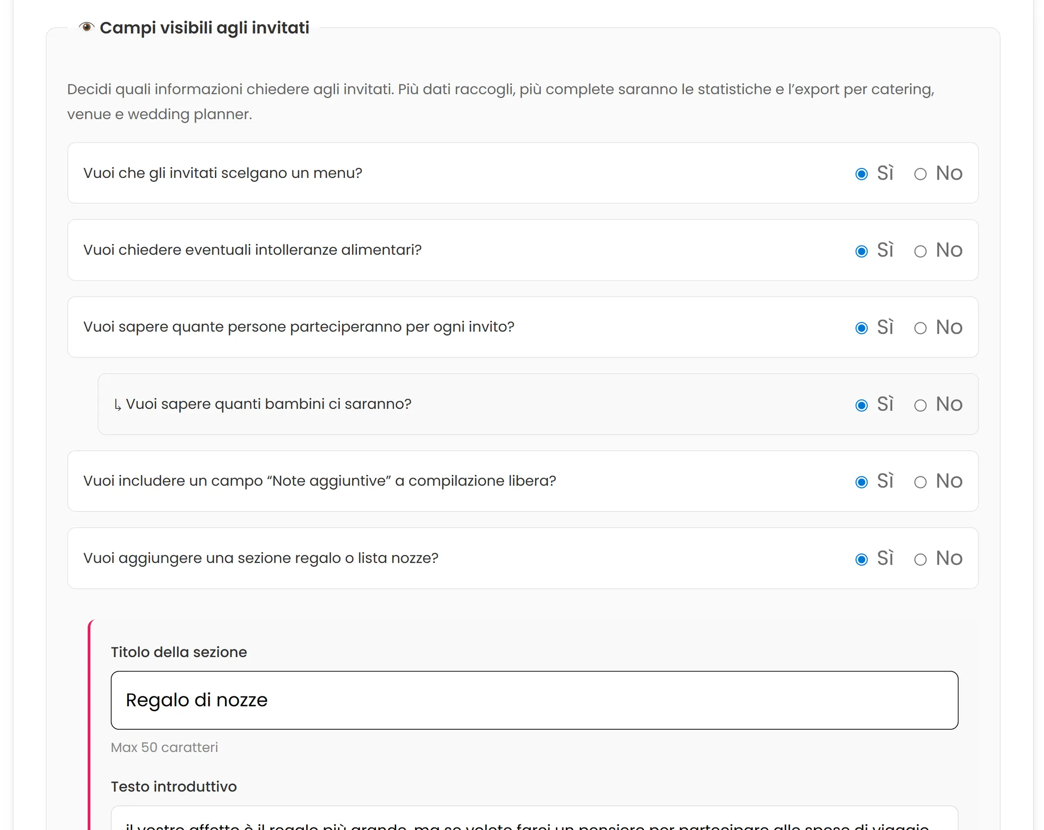 Configurazione del modulo RSVP con menu, intolleranze e numero invitati